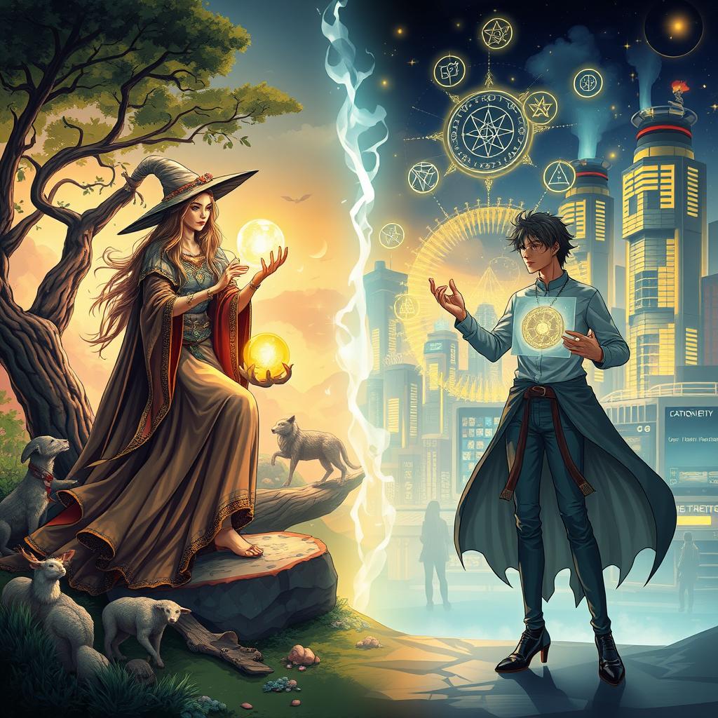 A captivating illustration depicting the journey from ancient sorceress practices to modern mystical services