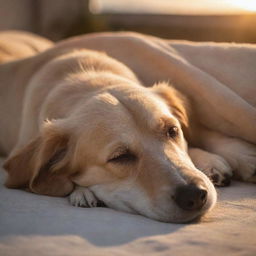 A cosy and tranquil scene of a dog sleeping peacefully, pleasantly curled up with a warm glow related to a setting sun