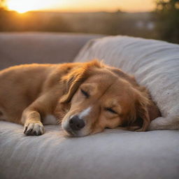 A cosy and tranquil scene of a dog sleeping peacefully, pleasantly curled up with a warm glow related to a setting sun