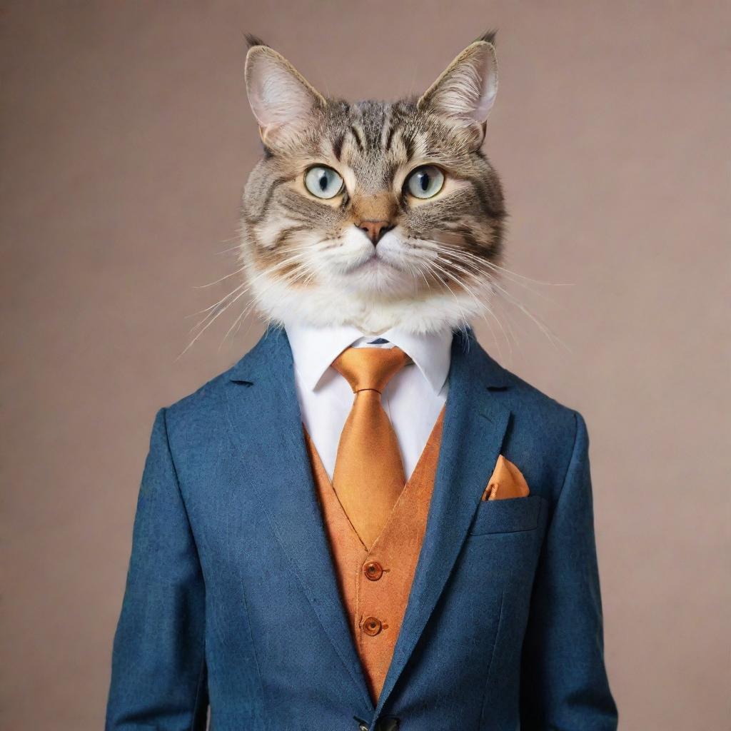 A cat with anthropomorphic features, standing upright. Wearing a snazzy suit and has charming eyes.