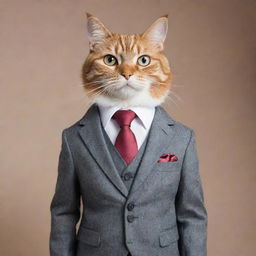 A cat with anthropomorphic features, standing upright. Wearing a snazzy suit and has charming eyes.