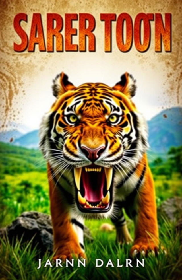 A book cover featuring a majestic saber tooth tiger, its fierce eyes and large, curved fangs prominently displayed