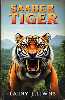 A book cover featuring a majestic saber tooth tiger, its fierce eyes and large, curved fangs prominently displayed