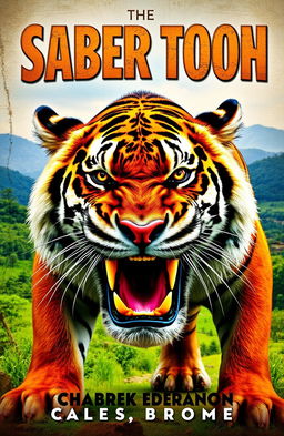 A book cover featuring a majestic saber tooth tiger, its fierce eyes and large, curved fangs prominently displayed