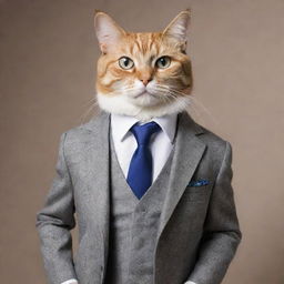 A cat with anthropomorphic features, standing upright. Wearing a snazzy suit and has charming eyes.