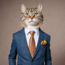 A cat with anthropomorphic features, standing upright. Wearing a snazzy suit and has charming eyes.