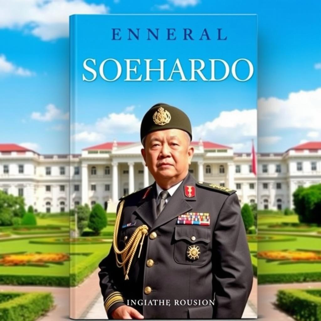 A book cover featuring General Soeharto standing confidently in military uniform, with a determined expression