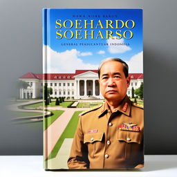 A book cover featuring General Soeharto standing confidently in military uniform, with a determined expression