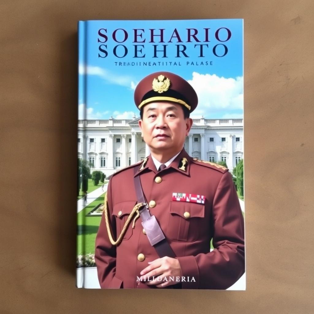 A book cover featuring General Soeharto standing confidently in military uniform, with a determined expression