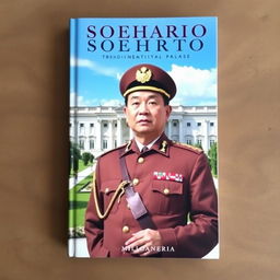 A book cover featuring General Soeharto standing confidently in military uniform, with a determined expression