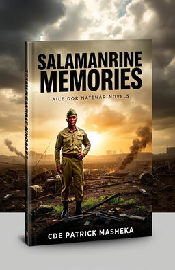 A dramatic book cover for a war novel titled 'Salamanrine Memories'