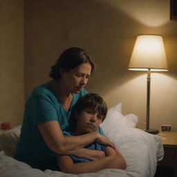 A poignant scene of a young boy, full of concern on his face, sitting next to his ailing mother's bedside, surrounded by a dimly lit, quiet room.