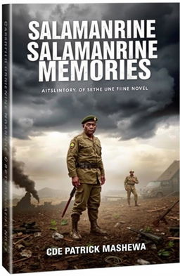 A dramatic book cover for a war novel titled 'Salamanrine Memories'