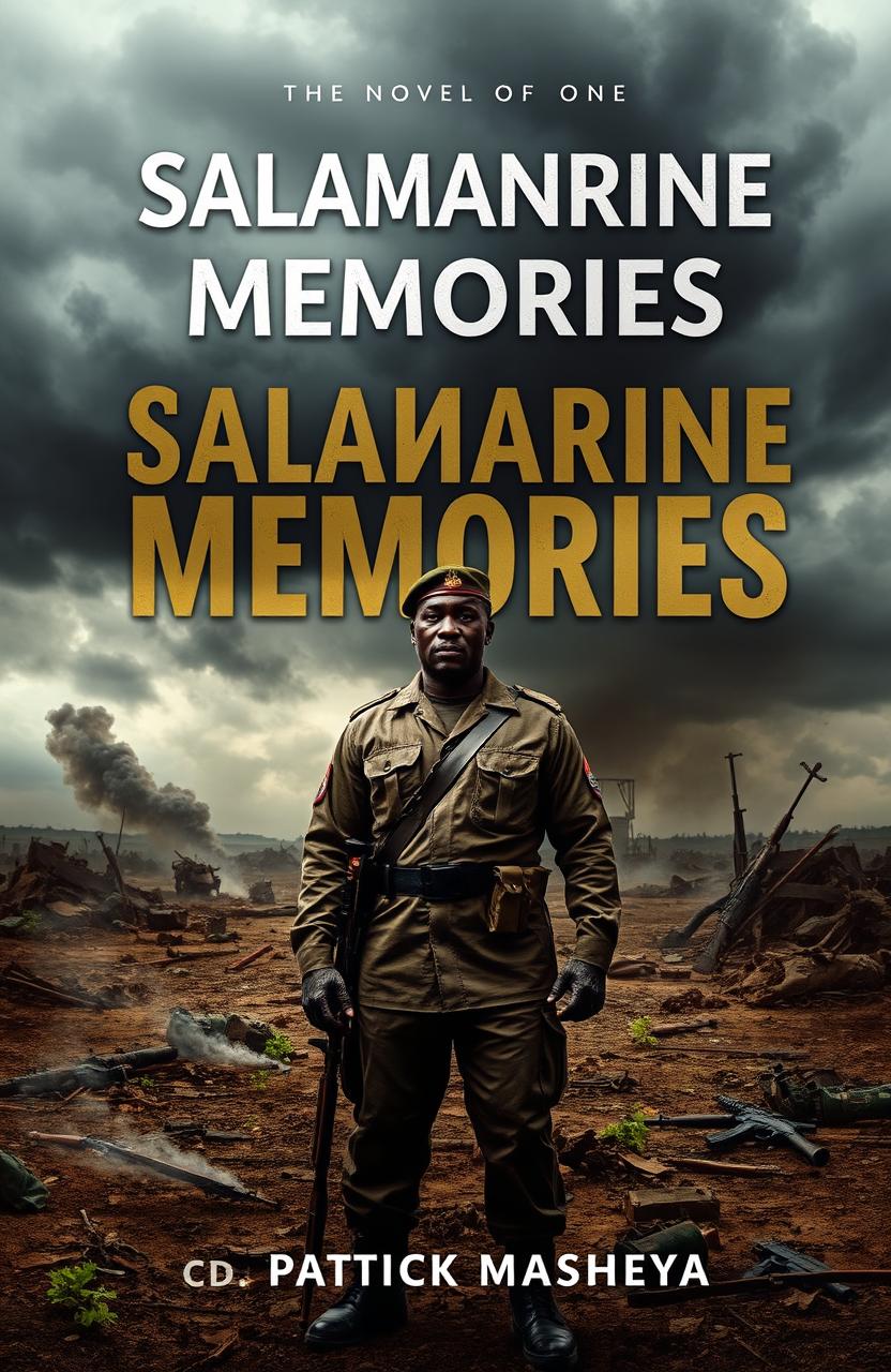 A dramatic book cover for a war novel titled 'Salamanrine Memories'