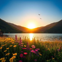 A serene landscape featuring a calm lake surrounded by lush green mountains under a bright blue sky