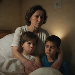 A poignant scene of a young boy, full of concern on his face, sitting next to his ailing mother's bedside, surrounded by a dimly lit, quiet room.