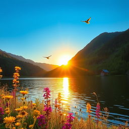 A serene landscape featuring a calm lake surrounded by lush green mountains under a bright blue sky