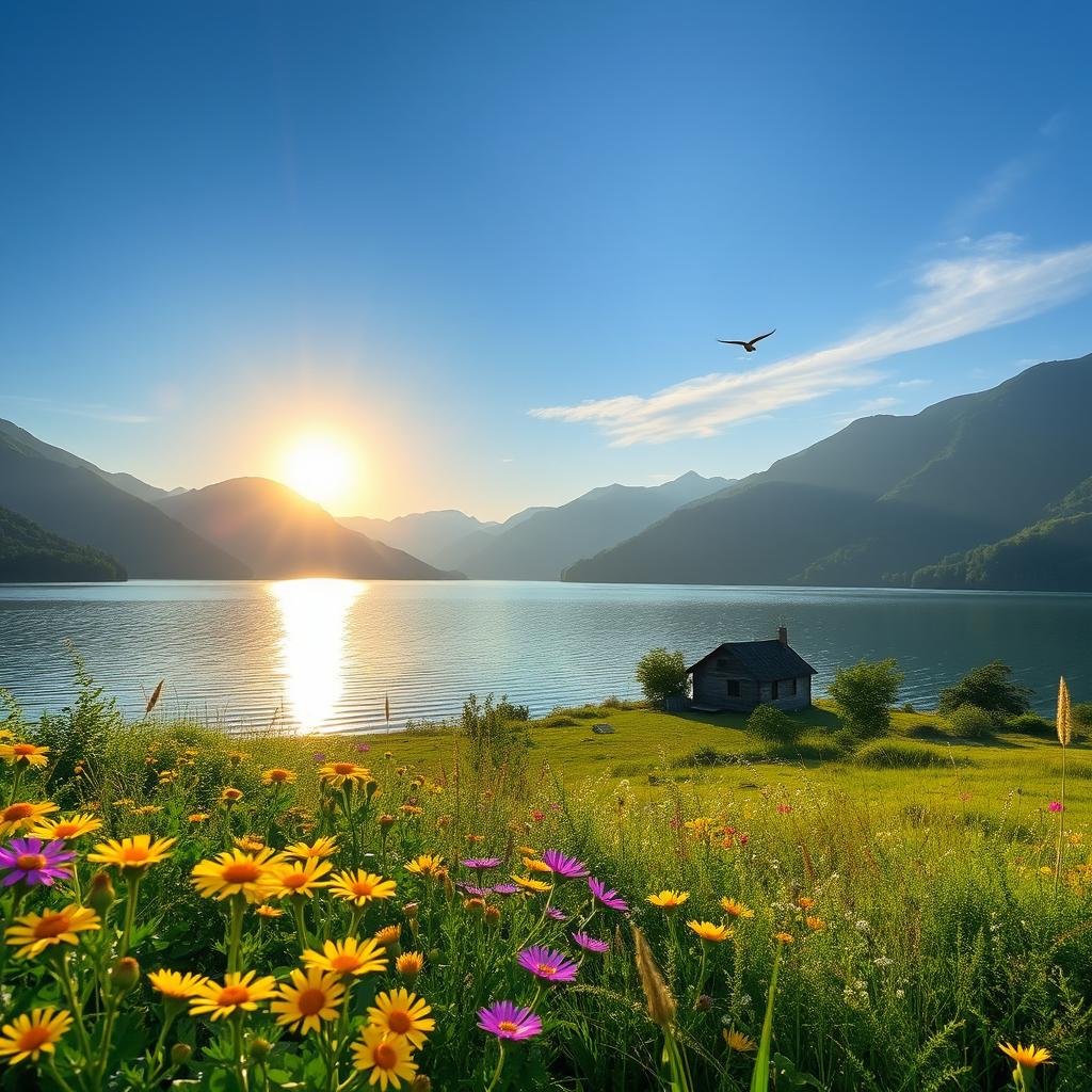 A serene landscape featuring a calm lake surrounded by lush green mountains under a bright blue sky