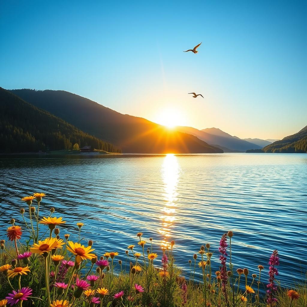 A serene landscape featuring a calm lake surrounded by lush green mountains under a bright blue sky