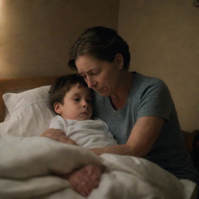 A poignant scene of a young boy, full of concern on his face, sitting next to his ailing mother's bedside, surrounded by a dimly lit, quiet room.