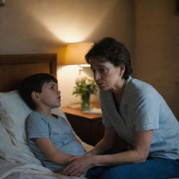 A poignant scene of a young boy, full of concern on his face, sitting next to his ailing mother's bedside, surrounded by a dimly lit, quiet room.