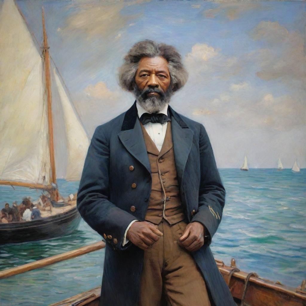 Create an image of Frederick Douglass as a sailor, standing assuredly on a ship. In Claude Monet's Impressionistic style, paint the sea and sky with vibrant brush strokes, the motion adding a sense of adventure and determination.