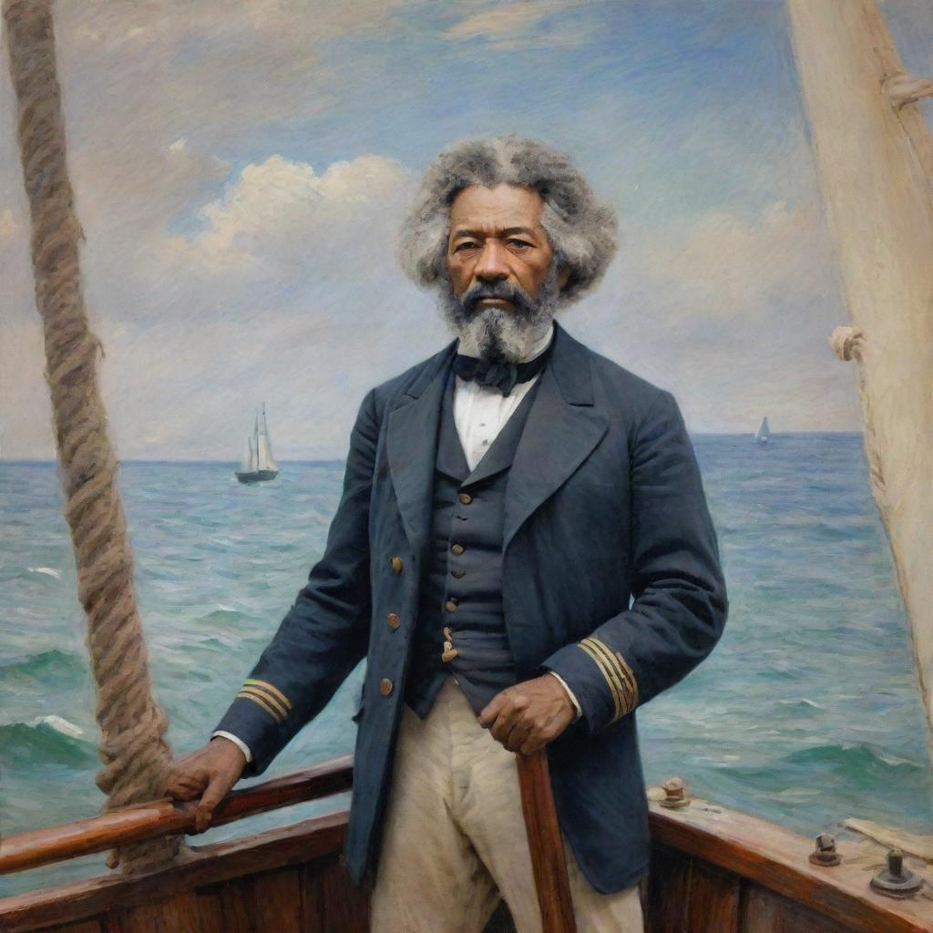 Create an image of Frederick Douglass as a sailor, standing assuredly on a ship. In Claude Monet's Impressionistic style, paint the sea and sky with vibrant brush strokes, the motion adding a sense of adventure and determination.