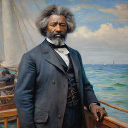 Create an image of Frederick Douglass as a sailor, standing assuredly on a ship. In Claude Monet's Impressionistic style, paint the sea and sky with vibrant brush strokes, the motion adding a sense of adventure and determination.