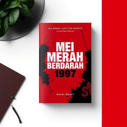 A novel cover design with a bold and striking deep red background complemented by subtle black elements