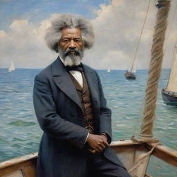 Create an image of Frederick Douglass as a sailor, standing assuredly on a ship. In Claude Monet's Impressionistic style, paint the sea and sky with vibrant brush strokes, the motion adding a sense of adventure and determination.