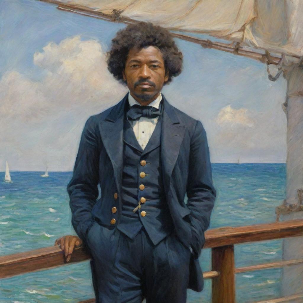 A 20-year-old Frederick Douglass as a confident sailor, standing on a ship's deck. Painted in Claude Monet's impressionistic style, the sea and sky shimmer with vibrant, quick strokes that inject the scene with youthful energy and adventure.