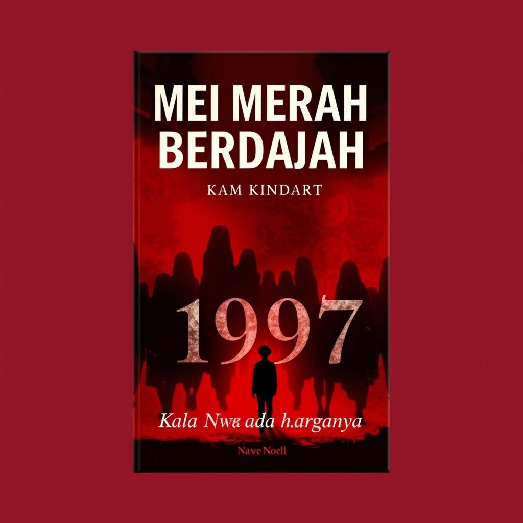 A captivating novel cover design for "MEI MERAH BERDARAH 1997: Kala Nyawa Tidak Ada Harganya" featuring a powerful, deep red background that symbolizes urgency and bloodshed