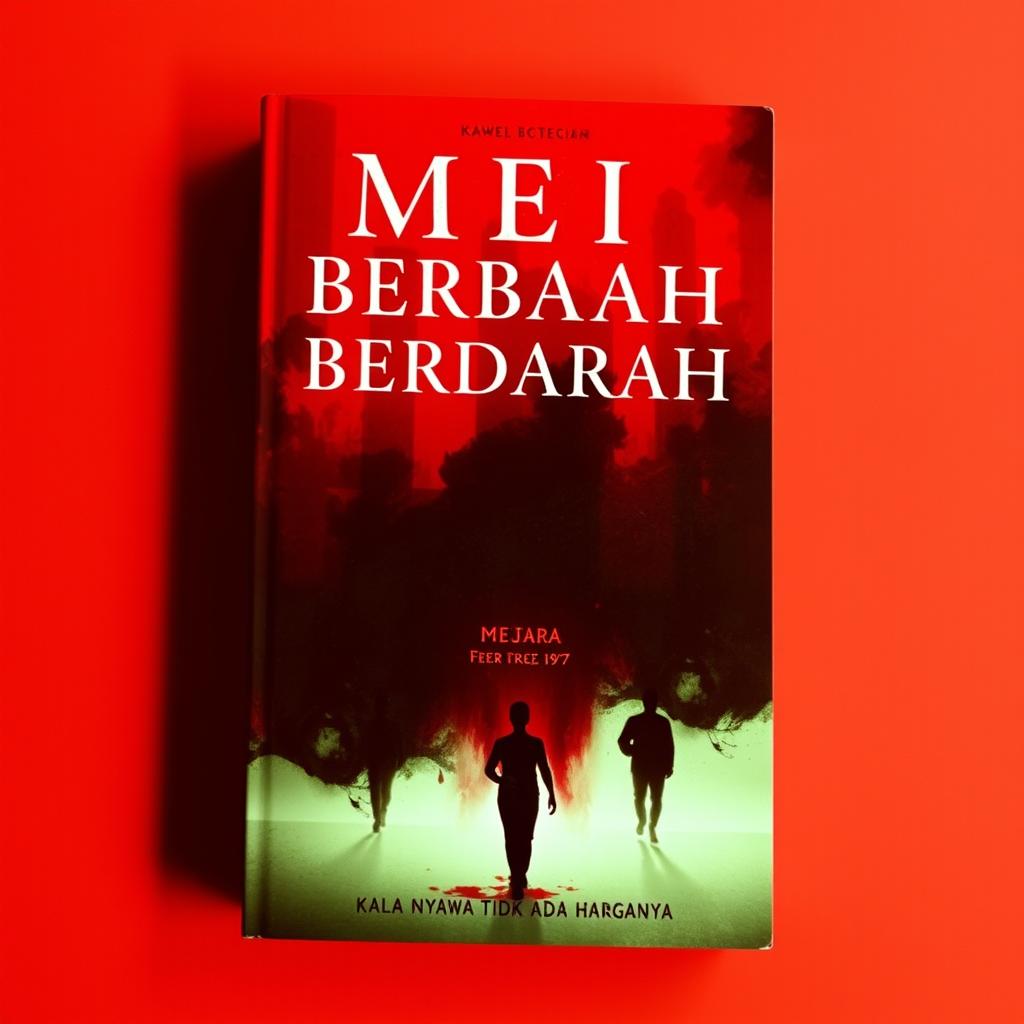 A captivating novel cover design for "MEI MERAH BERDARAH 1997: Kala Nyawa Tidak Ada Harganya" featuring a powerful, deep red background that symbolizes urgency and bloodshed