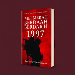 A captivating novel cover design for "MEI MERAH BERDARAH 1997: Kala Nyawa Tidak Ada Harganya" featuring a powerful, deep red background that symbolizes urgency and bloodshed