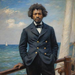 A 20-year-old Frederick Douglass as a confident sailor, standing on a ship's deck. Painted in Claude Monet's impressionistic style, the sea and sky shimmer with vibrant, quick strokes that inject the scene with youthful energy and adventure.