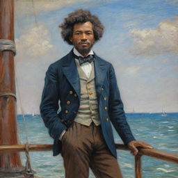 A 20-year-old Frederick Douglass as a confident sailor, standing on a ship's deck. Painted in Claude Monet's impressionistic style, the sea and sky shimmer with vibrant, quick strokes that inject the scene with youthful energy and adventure.