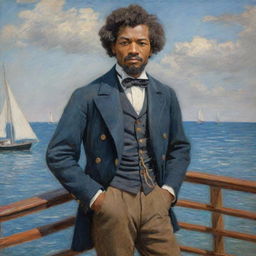 A 20-year-old Frederick Douglass as a confident sailor, standing on a ship's deck. Painted in Claude Monet's impressionistic style, the sea and sky shimmer with vibrant, quick strokes that inject the scene with youthful energy and adventure.