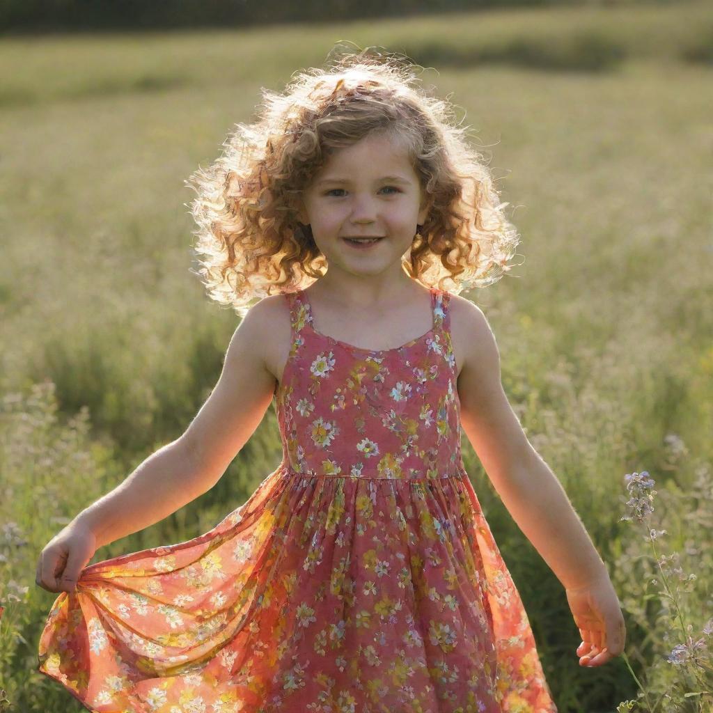 Generate an image of a young girl wearing a vibrant sundress, playing in a lush field of wildflowers, with curls bouncing in the sunlight.