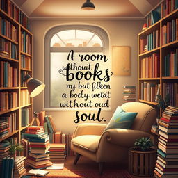 A beautifully designed artwork showcasing a cozy reading corner filled with books of various colors and sizes, a comfy chair, and warm decor