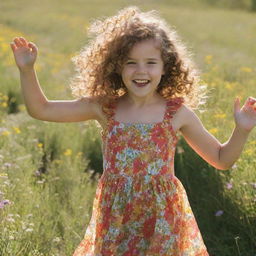 Generate an image of a young girl wearing a vibrant sundress, playing in a lush field of wildflowers, with curls bouncing in the sunlight.