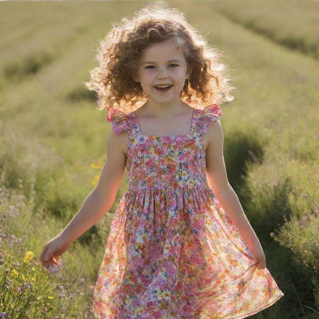 Generate an image of a young girl wearing a vibrant sundress, playing in a lush field of wildflowers, with curls bouncing in the sunlight.