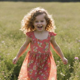 Generate an image of a young girl wearing a vibrant sundress, playing in a lush field of wildflowers, with curls bouncing in the sunlight.