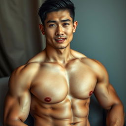 An alluring depiction of an attractive Asian man posed confidently, showcasing his well-defined physique