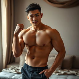 An alluring depiction of an attractive Asian man posed confidently, showcasing his well-defined physique