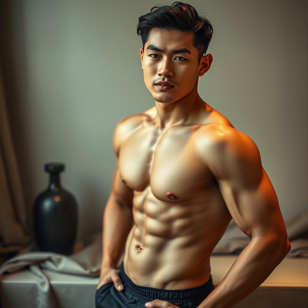 An alluring depiction of an attractive Asian man posed confidently, showcasing his well-defined physique