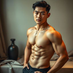 An alluring depiction of an attractive Asian man posed confidently, showcasing his well-defined physique