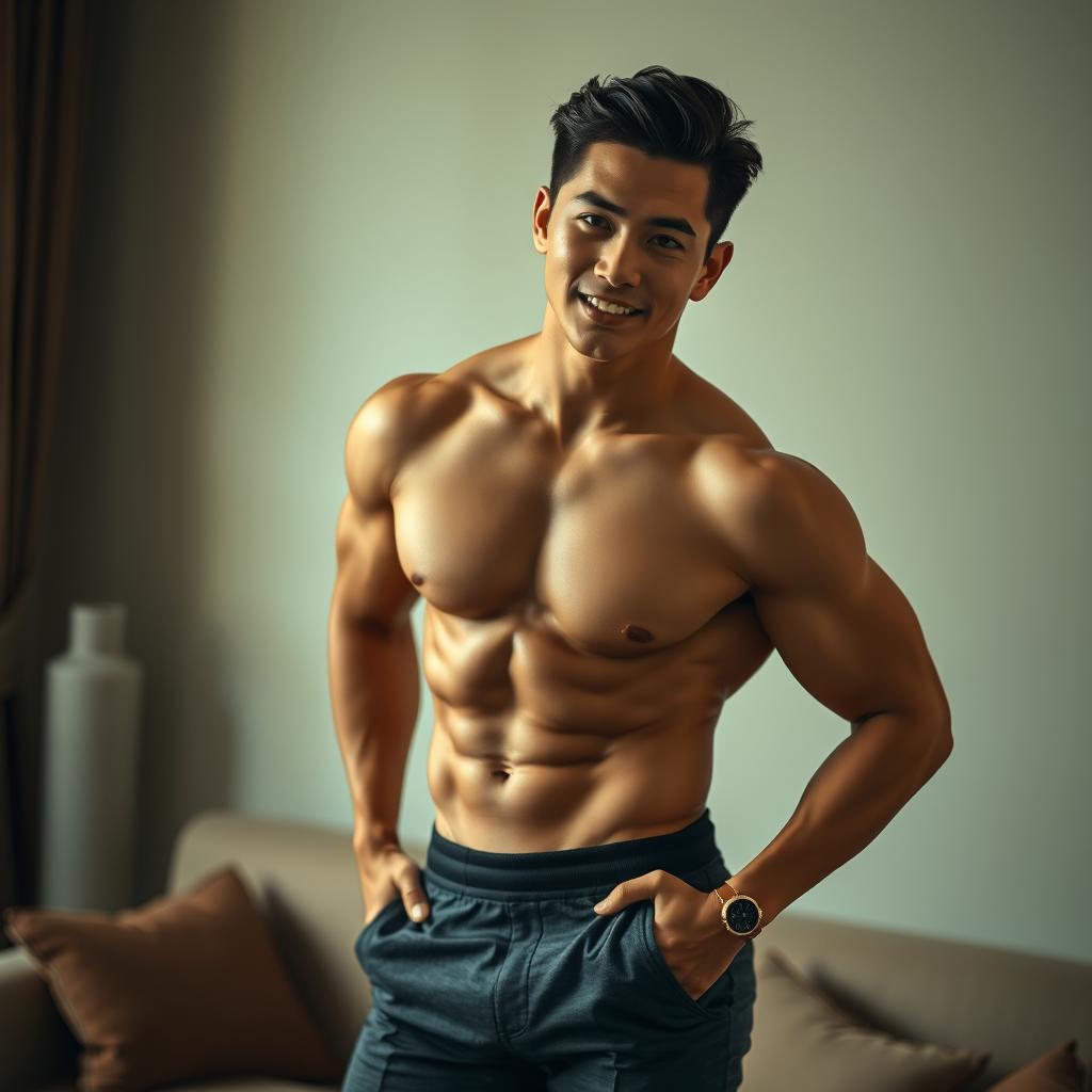 An alluring depiction of an attractive Asian man posed confidently, showcasing his well-defined physique