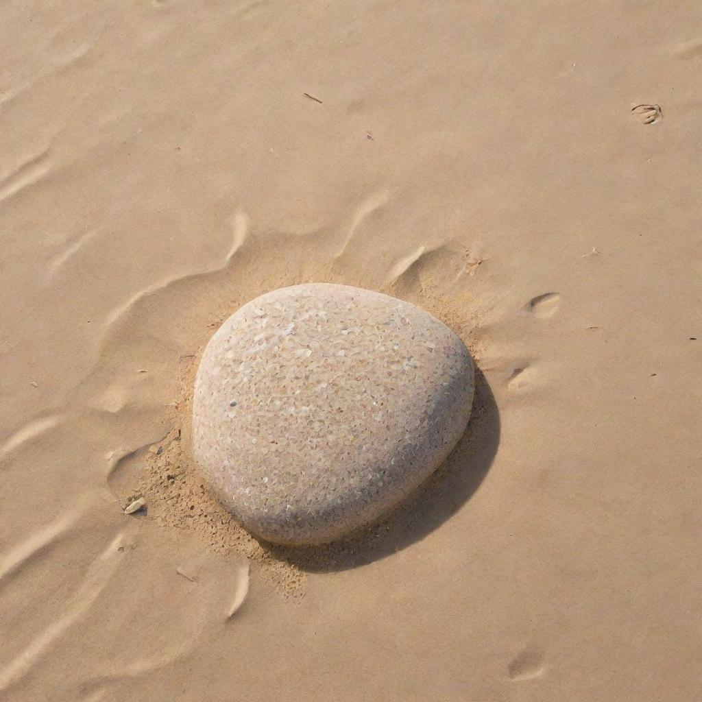 A smooth stone, speckled with grains of sand, nestled in the soft beach sands under the radiant sunshine.