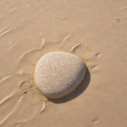 A smooth stone, speckled with grains of sand, nestled in the soft beach sands under the radiant sunshine.