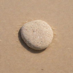 A smooth stone, speckled with grains of sand, nestled in the soft beach sands under the radiant sunshine.